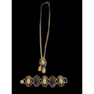 Vintage Selro Asian Princess Face Necklace & Bracelet Set Gold Tone Faux Pearls